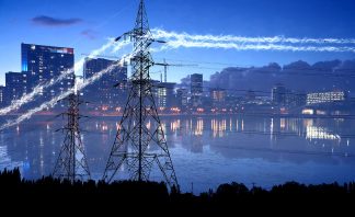 Urban Electrification in Blue Stock Image
