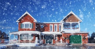 Cozy Modern Brick House with Light Snow Fall Stock Image