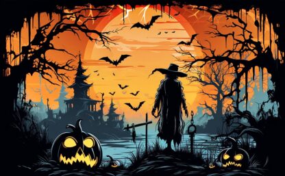 Creepy Halloween Scene With Pumpkins and Silhouette Image
