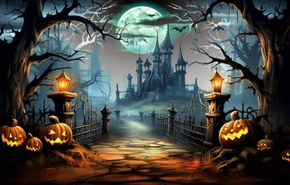 Spooky Halloween Pathway With Pumpkins and House Image
